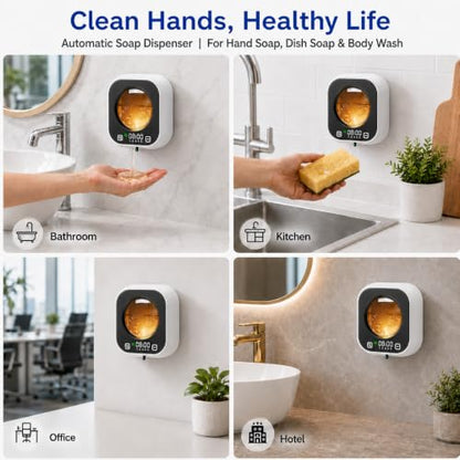 Automatic Soap Dispenser Touchless, Wall Mount, Rechargeable, Mood Lighting | 5 Adjustable Levels, IPX5 Waterproof, LED Clock, 320ML, Hand & Dish Soap for Bathroom Kitchen, White - color: White