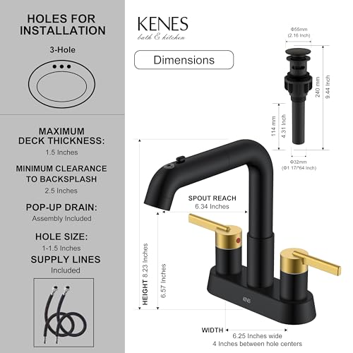 Black and Gold Pull Down Centerset Bathroom Faucet 3 Hole 2 Handle | Pull Out Bathroom Faucet with Pop Up Drain & Supply Lines, Lead-Free cUPC & NSF Certified, 4 Inch Faucet for Vanity RV Sink - color: Black & Gold