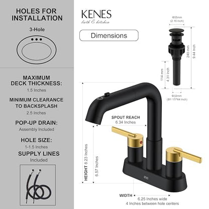 Black and Gold Pull Down Centerset Bathroom Faucet 3 Hole 2 Handle | Pull Out Bathroom Faucet with Pop Up Drain & Supply Lines, Lead-Free cUPC & NSF Certified, 4 Inch Faucet for Vanity RV Sink - color: Black & Gold