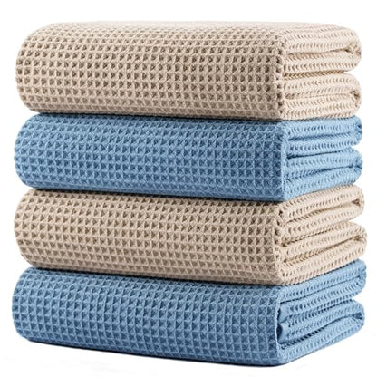 POLYTE 430 GSM Poly Blend Microfiber Quick Dry Waffle Bath Towel, 30x60 in | 4 Pack, Oversize, Lint Free, Body Towel - color: Beige,blue