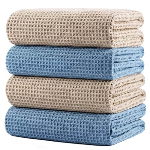 POLYTE 430 GSM Poly Blend Microfiber Quick Dry Waffle Bath Towel, 30x60 in | 4 Pack, Oversize, Lint Free, Body Towel - color: Beige,blue