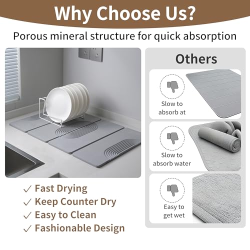 Foldable Stone Dish Drying Mat for Kitchen Counter, Diatomaceous Earth Drying Mat with Non-Slip Backing, Heat Resistant Multifunctional Mat for Kitchen & Bathroom, Instant water absorption-(24"×16") - color: Light Gray