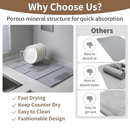 Foldable Stone Dish Drying Mat for Kitchen Counter, Diatomaceous Earth Drying Mat with Non-Slip Backing, Heat Resistant Multifunctional Mat for Kitchen & Bathroom, Instant water absorption-(24"×16") - color: Light Gray