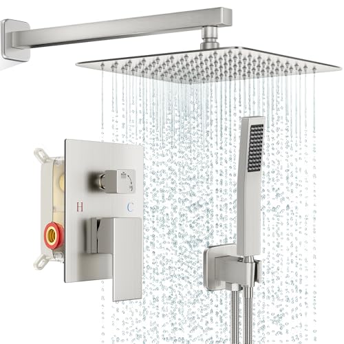 FPXRNG Shower Faucet Set Rainfall Shower System with Square Shower Head and Handle Set Rough-in Valve and Metal Trim Kit Included Brushed Nickel 10 Inch Wall Mounted Shower Fixtures - color: Brushed Nickel, size: 10 Inch Wall Mount Shower Head