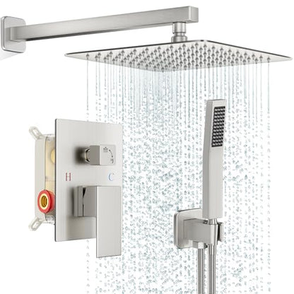 FPXRNG Shower Faucet Set Rainfall Shower System with Square Shower Head and Handle Set Rough-in Valve and Metal Trim Kit Included Brushed Nickel 12 Inch Wall Mounted Shower Fixtures - color: Brushed Nickel, size: 12 Inch Wall Mount Shower Head