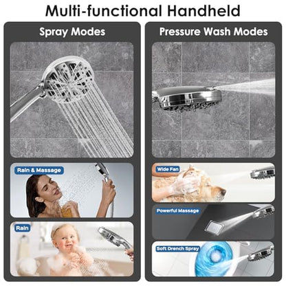 10" Metal Rainfall Shower Head with Handheld Combo, High Pressure Shower heads with 10 Spray Modes, Adjustable Extension Arm,71 Inches Hose and Integrated holder for Easy Fixing,Chrome