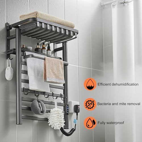 Wall Mounted Heated Towel Warmer Rack for Bathroom, Matching 8-Grid Electric Towel Warmer and 5 Hooks Auto Shut-Off Timer, LED Display Panel, for Bathroom Shower Hot Tub (Black)