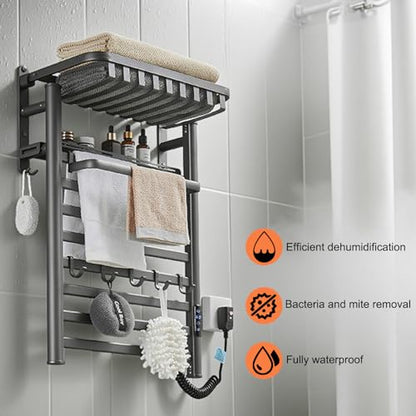 Wall Mounted Heated Towel Warmer Rack for Bathroom, Matching 8-Grid Electric Towel Warmer and 5 Hooks Auto Shut-Off Timer, LED Display Panel, for Bathroom Shower Hot Tub (Black)