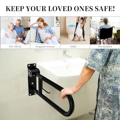 Toilet Grab Bar 24 Inch,YuanDe Matte Black Anti-Slip U-Flip-Up Handrails | Stainless Steel,Knurled Grip, Paper Holder, Toilet-Side Use, Sit/Stand Assistance, Elderly/Disabled/Pregnant Safety Assist - color: Matte Black, size: 24 IN