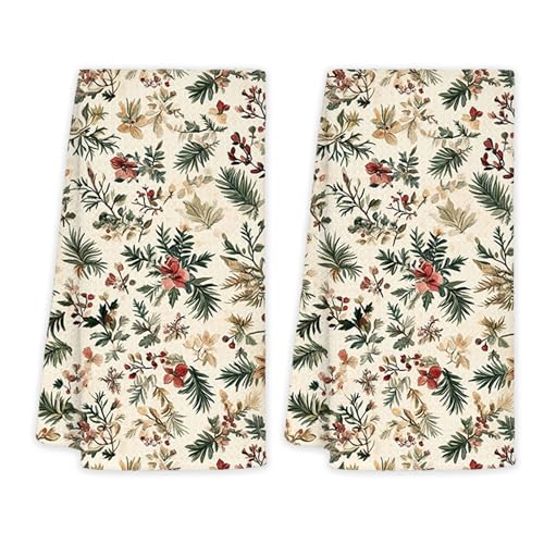 JINYO Vintage Christmas Kitchen Towels, Retro Rustic Floral Botanical Xmas Decorative Hand Towels for Bathroom Kitchen, Farmhouse Christmas Dish Tea Towel, 16x24 Inch Set of 2 - color: Christmas Towels-two