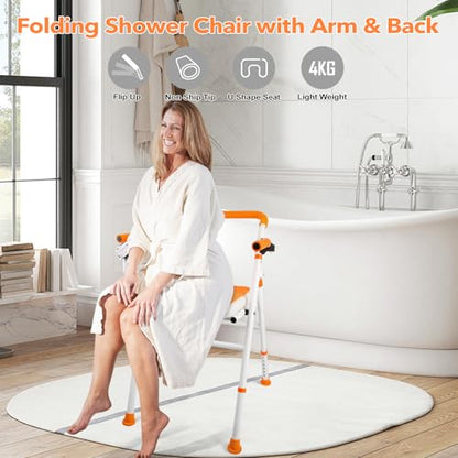 Foldable Shower Chair, Folding Bath Shower Seat for Inside Shower | Minimalist Shower Chair with Arms and Back, Height Adjustable, Portable Safety Bath Chairs for Elderly, Seniors, Disabled