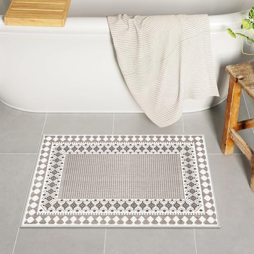 Bathroom Rugs Vintage Boho Bath Mats For Bathroom Light Grey Geometry Small Bath Mat Comfy Velvet Non Slip Bath Rug Washable Bath Mat Shower Rug For Sink Shower Vanity 18X24 Inch (grey, 18X24 Inch) - color: Grey, size: 1'6" x 2' (Rectangular)