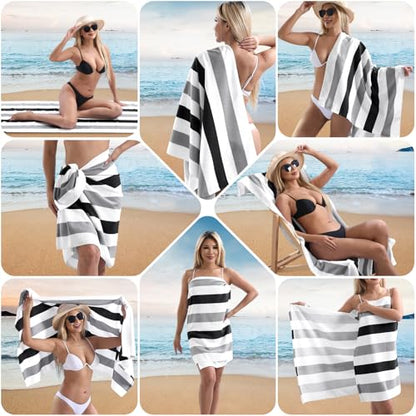 Beach Towel Set-4 Pack 30"x60" Sand Free Stripe Beach Towel for Pool,Bathroom,Soft Absorbent Quick Dry Lightweight Beach Bath Towel,Camping Blanket,Travel Towel,Beach Essentials for Adults,Grey/Black - color: Grey/Black