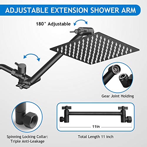 Shower Head Combo, 8 Inch High Pressure Rain with 11 Inch Adjustable Extension Arm and 5 Settings Handheld, Powerful Spray Against Low Water Pressure- Matte Black - color: Matte Black, size: 8" Showerhead Set