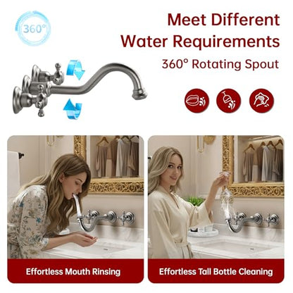 SUMERAIN Traditional Brushed Nickel Wall Mounted Bathroom Sink Faucet | 3 Holes, 2 Cross Handles, Rough-in Valve Included - color: Brushed Nickel