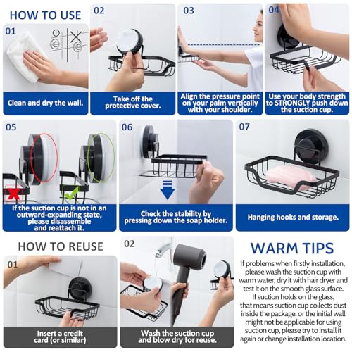 Soap Holder,Shower Soap Dish,Suction Cup,Stainless Steel,Black | bar soap holder,storage soap & sponge for bathroom,bathtub,shower,kitchen,sink,wall mounted,no drilling removable waterproof - color: Light Black-1 Tier