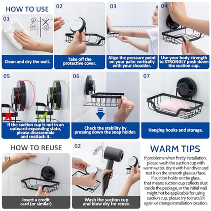 Soap Holder,Shower Soap Dish,Suction Cup,Stainless Steel,Black | bar soap holder,storage soap & sponge for bathroom,bathtub,shower,kitchen,sink,wall mounted,no drilling removable waterproof - color: Light Black-1 Tier