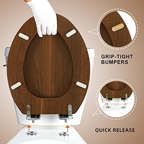 Elongated Toilet Seat Molded Wood Toilet Seat with Quietly Close and Quick Release Hinges, Easy to Install also Easy to Clean by Angol Shiold (Elongated, Walnut) - color: Walnut, size: Soft Close Hinge