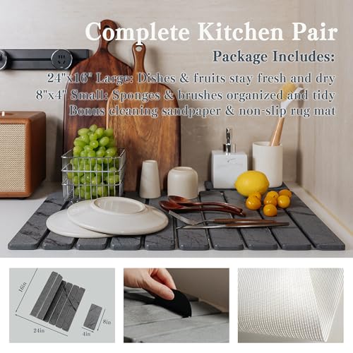2pcs Stone Dish Drying Mat for Kitchen Counter, Quick-Dry Diatomaceous Earth Water Absorbent Pad & Countertop Drainer, Home Essentials for Bath and Pets - Marble Dark Grey, 24x16’’ & 8x4’’ - color: Marble Dark Grey