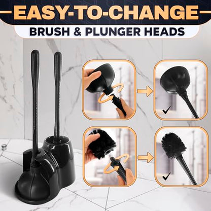 Toilet Brush and Plunger Set, Rubber, 15.2 Inch (Black) | Toilet Bowl Brush, Holder and Plunger, Easy to Place and Simple to Store After Use, Compact Accessory for Small Spaces - color: Black With Plunger