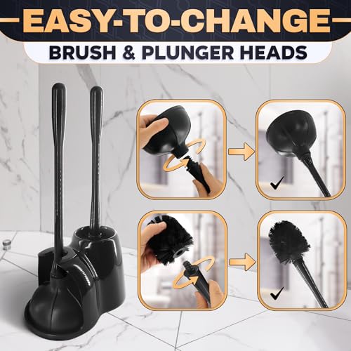 Toilet Brush and Plunger Set, Rubber, 15.2 Inch (Black) | Toilet Bowl Brush, Holder and Plunger, Easy to Place and Simple to Store After Use, Compact Accessory for Small Spaces - color: Black With Plunger