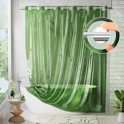 AmazerBath No Hook Shower Curtain Liner, 100% EVA Heavy Duty Hookless Shower Curtain and Liner 3-in-1, 72x75 Luxury Soft Shower Liner with 3 Heavyweight Stones, Clear Green - color: Rainbow Emerald