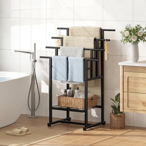 HOOBRO 4-Tier Freestanding Towel Rack, 28.3"L x 15.7"W x 41.3"H, Standing Blanket Rack, Metal Bathroom Storage Organizer with Bottom Shelf, Pool Towel Rack Outdoor, Industrial Style, Black BK16LB01
