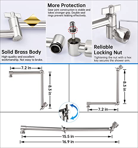 G-Promise 16 Inch Solid Brass Shower Head Extension Arm (Brushed Nickel) | Rise or Lower Shower Head, All Metal, Height & Angle Adjustable Extender, Firmly Secure Shower Head, Easy Install - color: Brushed Nickel