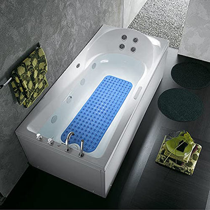 Anti Slip Extra Long Bathtub and Shower mat 39" x 16", Wet Floor Non-Slip for Elderly & Kids Bathroom, 30% Longer Bathtub Mats, 200 Suction Cups, Drain Holes, Machine Wash (Clear Blue) - color: Transparent Blue