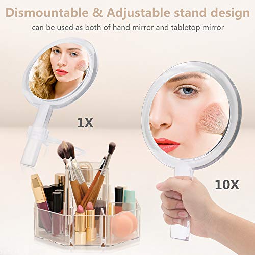 1X & 10X Magnifying Double Side Hand Makeup Mirror with Stand | Distortion-free & HD, Portable, Multi-Purpose, Compact, Clear, Handheld Vanity Mirror for Women & Men, for Makeup, Shaving