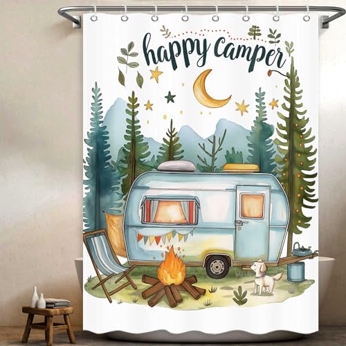 Happy Camper Small Stall RV Shower Curtain Rustic Tree Mountain Adventure Tent Camping Bathroom Curtains Travel Trailer Bathroom Accessories Set with Hooks 47 x 64 Inches - color: Blue, size: 47"W x 64"L (Pack of 1)