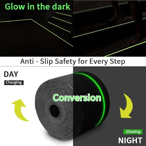 Glow in Dark Anti Slip Tape, 4" x50FT Heavy Duty Waterproof Safety Grip Tape for Stairs, Pool, Bathroom - Black & Glow Stripe Indoor/Outdoor Multi-Purpose Traction Tape - size: 4 Inch x 50 Feet