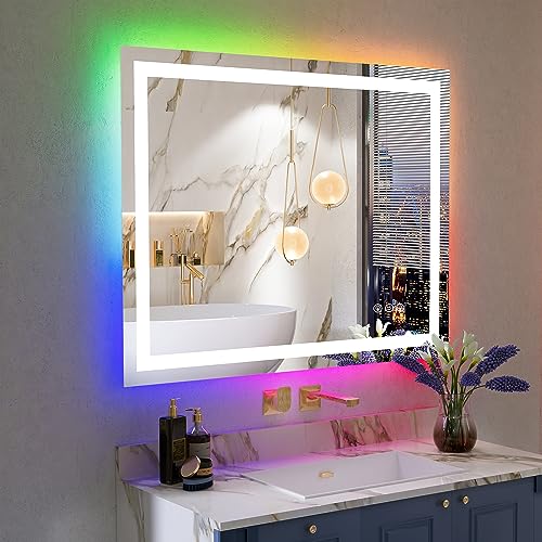 40x32 Inch RGB LED Bathroom Mirror Front Light and RGB Backlit Lighted Vanity Mirror for Bathroom Wall Mounted Dimmable Anti Fog Memory Shatter-Proof IP54 Waterproof Horizontal/Vertical - color: Rgb Backlit+front Lit, size: 40"L x 32"W