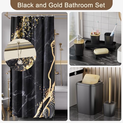 XLHOMO Bathroom Set Bathroom Sets with Shower Curtain and Rugs,Black Bathroom Accessories Set Waterproof Black and Gold Shower Curtain Set - size: Bath Set+Shower Curtain+Bath Rugs, style: Black7