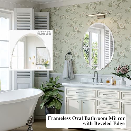 Frameless Oval Mirror, 22"x30" Beveled Bathroom Vanity Mirrors | 20mm beveled edge, 5mm HD glass, frameless, anti-rust, shatterproof, french cleat, horizontally or vertically - size: 22"L x 30"W