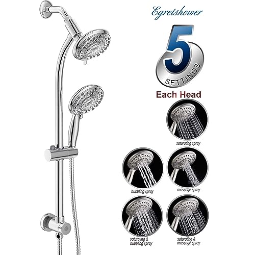 Handheld Showerhead & Rain Shower Combo for Easy Reach, 27.5" Drill-free Stainless Steel Slide Bar, 5”of 5-setting Handheld Shower and Showerhead, with 5ft Hose - Polished Chrome - color: Polished Chrome