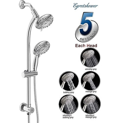 Handheld Showerhead & Rain Shower Combo for Easy Reach, 27.5" Drill-free Stainless Steel Slide Bar, 5”of 5-setting Handheld Shower and Showerhead, with 5ft Hose - Polished Chrome - color: Polished Chrome