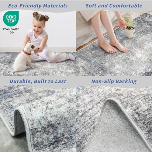 2x12 ft Washable Hallway Runner Rug – Non-Slip Stain-Resistant Low-Pile Long Carpet Runner for Kitchen Entryway Living Room Bedroom Bathroom, Modern Abstract Neutral (Blue Gray,2x12) - color: Blue Gray, size: 2' x 12' (Rectangular)