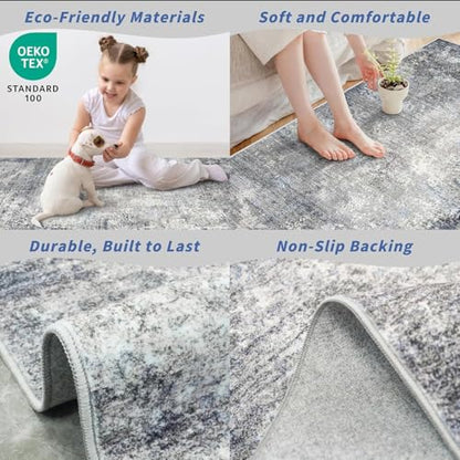 2x12 ft Washable Hallway Runner Rug – Non-Slip Stain-Resistant Low-Pile Long Carpet Runner for Kitchen Entryway Living Room Bedroom Bathroom, Modern Abstract Neutral (Blue Gray,2x12) - color: Blue Gray, size: 2' x 12' (Rectangular)