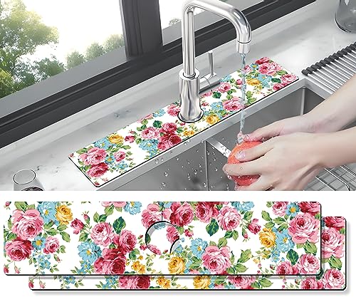 Kitchen Sink Splash Guard Faucet Mat -2 PC Super Absorbent Fast Drying Mat Sink Gadgets-Splash Guard Behind Faucet Drip Catcher for Kitchen, Bathroom,Sink Mat, Dish Drying Mat, Bathroom(23.5" X 5.5" ) - color: Pink Red Roses Floral, size: 23.5" x 5.5" (2