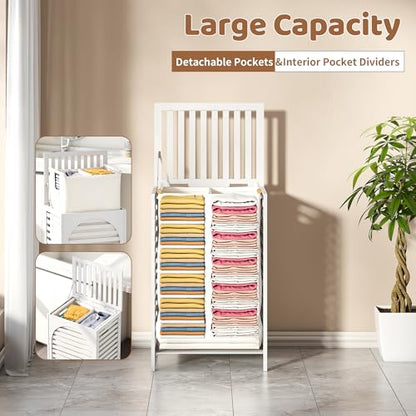 Laundry Hamper with Lid (16.9 * 13 * 26.5inches) Large Bamboo Laundry Bin Basket 85L Clothes Hamper with 1 Removable Bag Storage baskets for Bathroom (White) - color: White