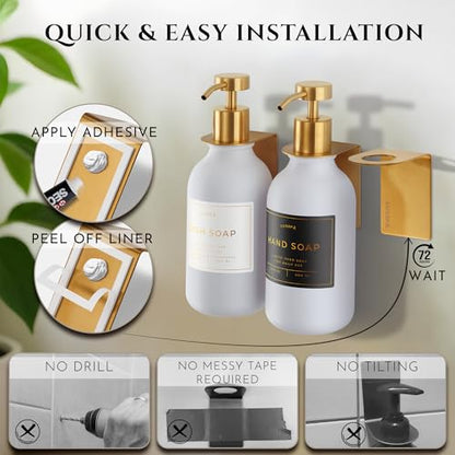 Shower Shampoo Dispenser Wall Mounted – 3 Refillable 16.9 oz White Bottles with Stainless Steel Pumps & No-Drill Adhesive Holders – Soap Dispenser Set for Bathroom (3 X White/Gold) - color: 3 X White/Gold