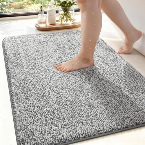 Bathroom Rugs 24x17,Super Absorbent Microfiber Bath Mat,Light Grey/White | Non-Slip Shower Rug with TPR Backing, Thick Plush Machine Washable Bathtub Carpet for Bathrooms Decor - color: Light Grey/White, size: 24" X 17"