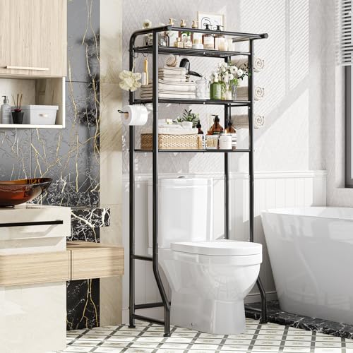 Simple Trending Over The Toilet Storage Cabinet, Metal Bathroom Shelf Organizer with Paper Holder and Hooks, 3 Tier, Black - color: Black With Towel Rack