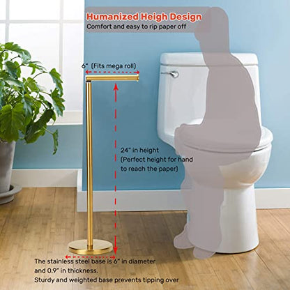 Toilet Paper Holder Gold, Freestanding Toilet Paper Holder Stand with Reserve for 4 Spare Rolls, Sturdy Base, Toilet Tissue Paper Roll Storage Shelf (Stainless Steel Base, Gold)