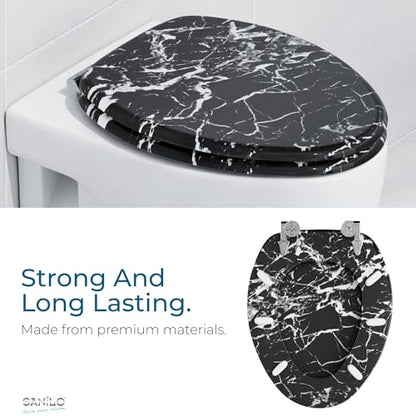 SANILO Wooden Toilet Seat with Soft Close [ELONGATED] - Decorative, Quiet & Slow Close Molded Wood Seat - With Strong Bumpers & Hinges - Adjustable Fit - Marble Black - color: Marble Black