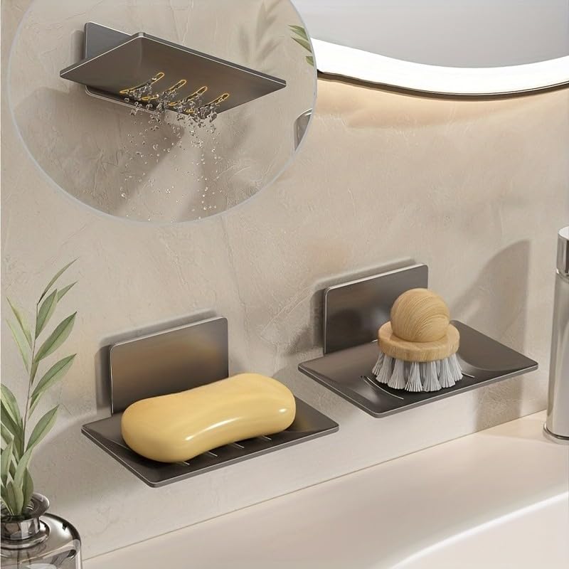 2 Pack No Drill Self Draining Wall Mounted Adhesive Carbon Steel Soap Dish Shower Soap Holder Bathroom Tray