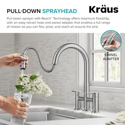 KRAUS Oletto Bridge Kitchen Faucet with Pull-Down Sprayhead in Spot-Free Stainless Steel, KPF-3122SFS - color: Spot Free Stainless Steel, style: Bridge Faucet