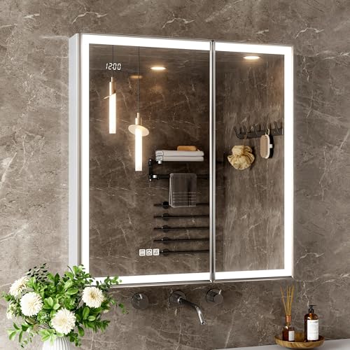 30x32 Lights Medicine Mirror Cabinet, Beveled Brushed Nickel Frame | Lighted Aluminum Bathroom Cabinet, Surface or Recessed Mount, Dimmable 3 Color Temp, Defog, Outlet, Clock, Sensor Inner Light - size: 30x32''