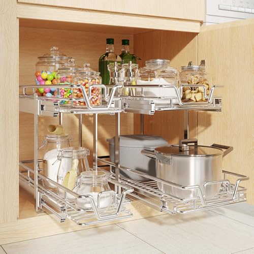 2-Tier Kitchen Cabinet Pull Out Shelf and Drawer Organizer Slide Out Pantry Storaqe Basket in Multiple Sizes (15" W x 21" D) - size: 15" W x 21" D